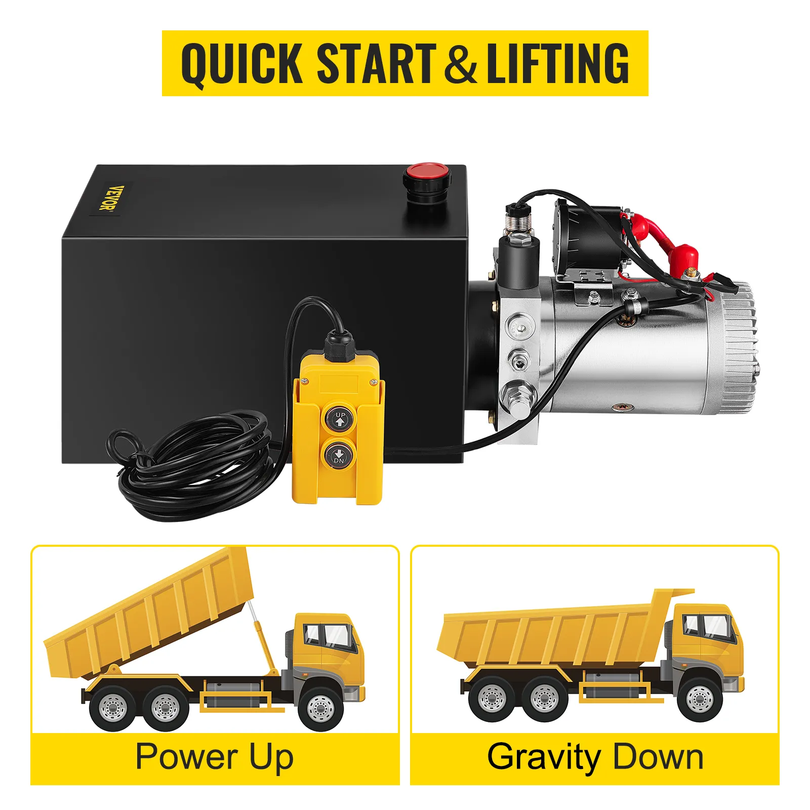 Bomba hidráulica VEVOR para arranque rápido y elevación con funciones de subida y bajada por gravedad.