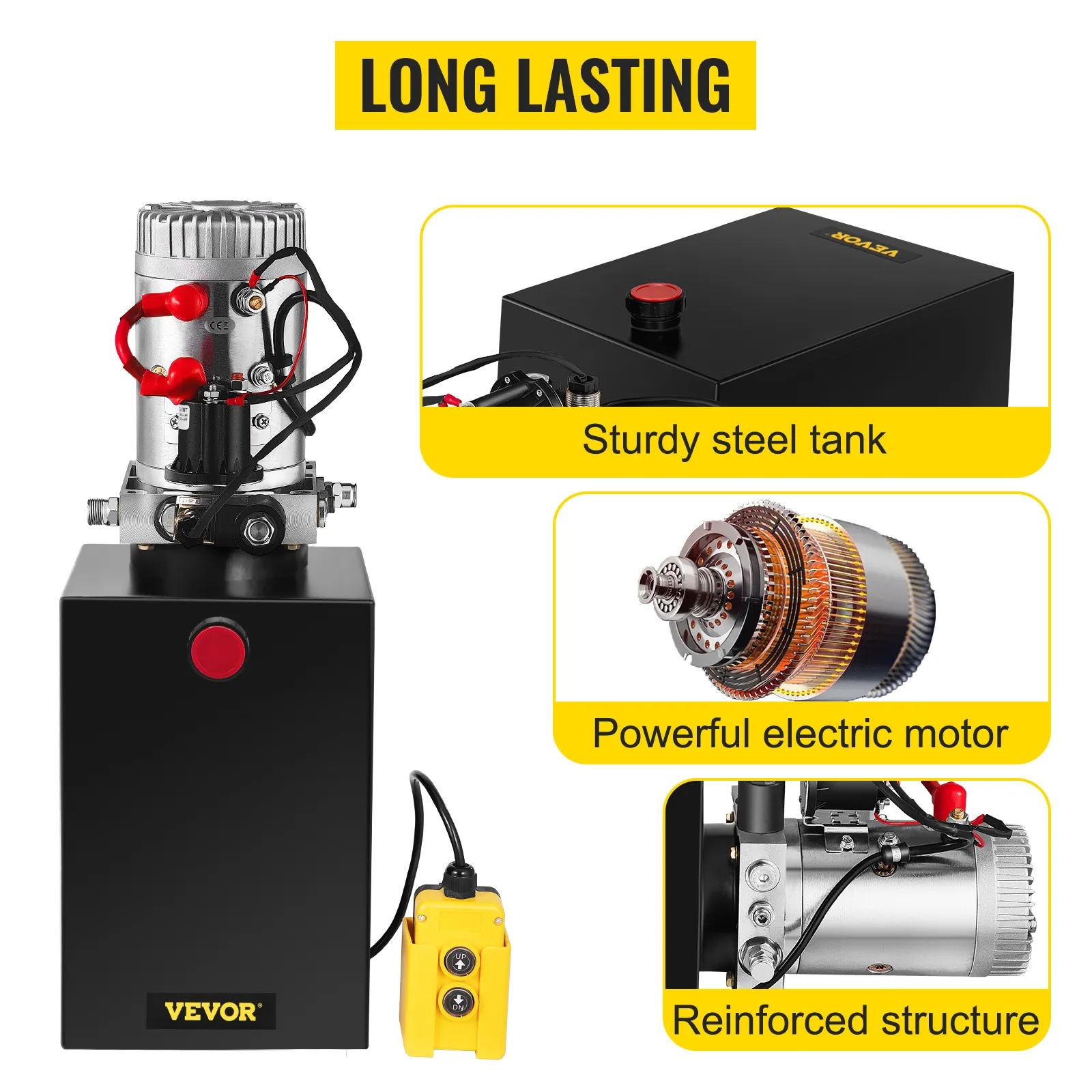 Bomba hidráulica VEVOR con tanque de acero robusto, potente motor eléctrico, estructura reforzada.