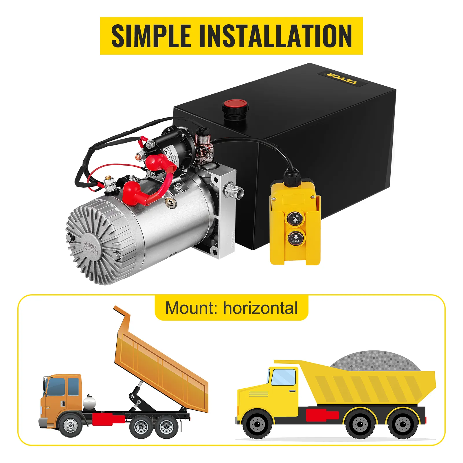 Bomba hidráulica VEVOR con instalación sencilla para aplicaciones de camiones de montaje horizontal.