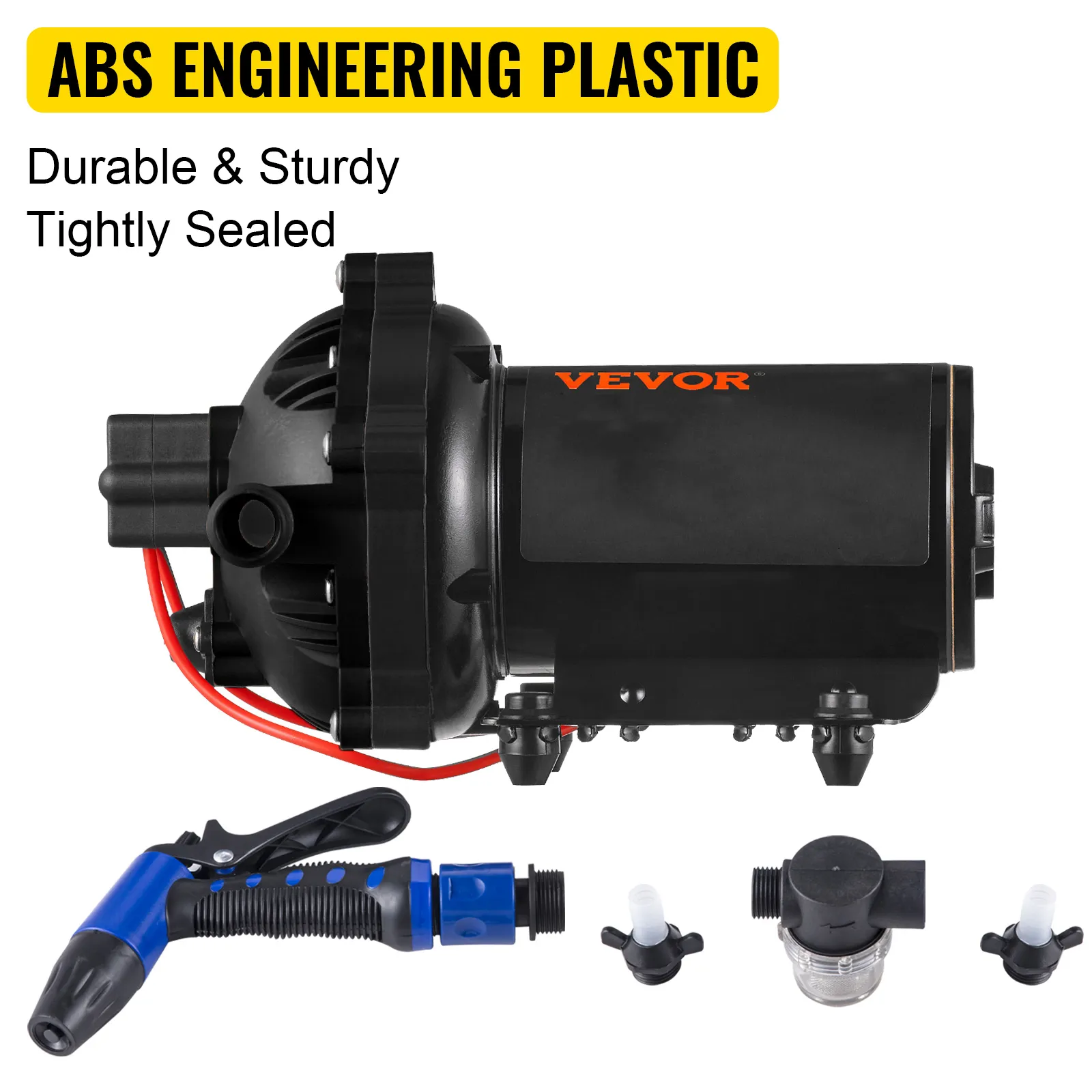Bomba de agua VEVOR rv con plástico ABS, duradera y herméticamente sellada, con accesorios incluidos.