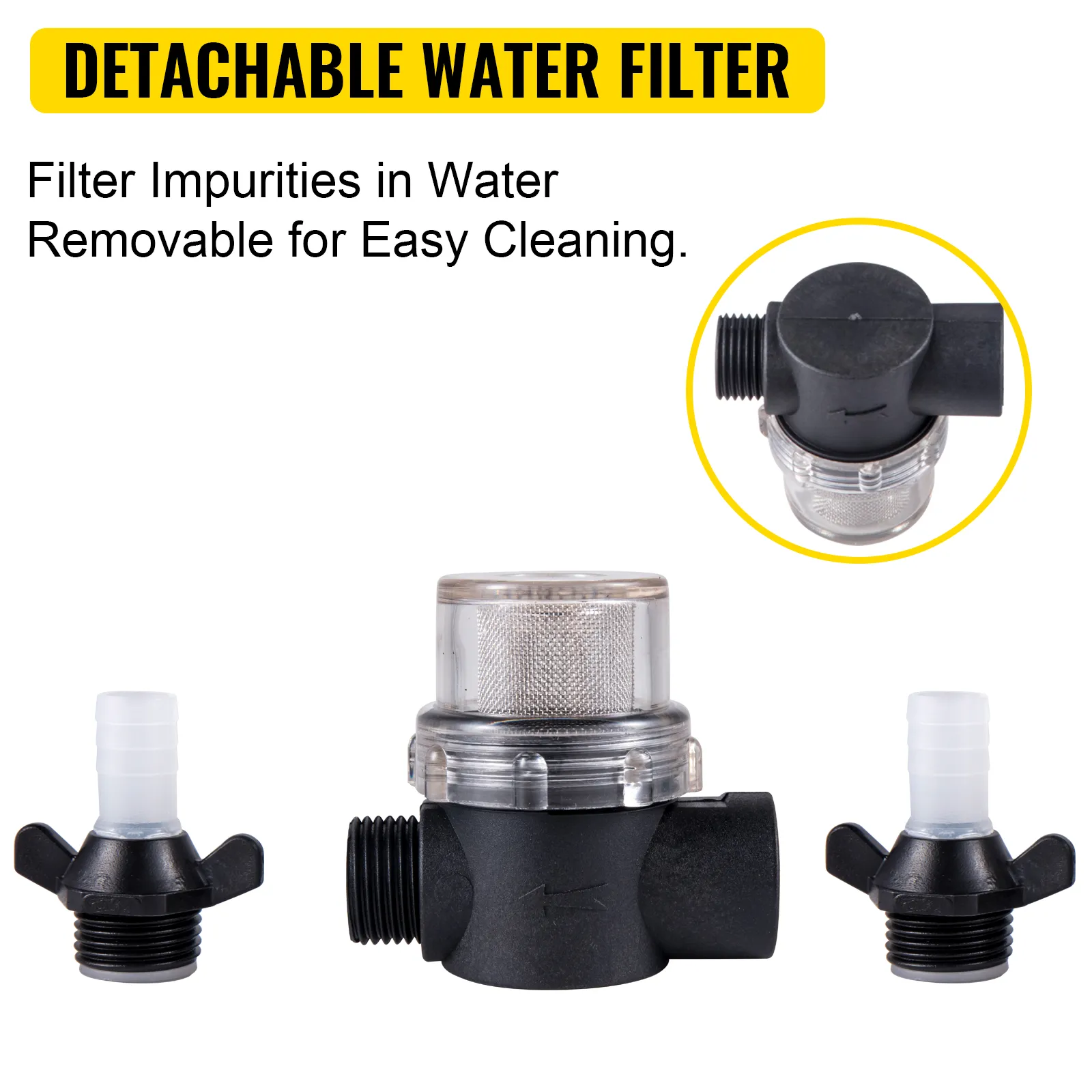 Bomba de agua VEVOR rv con filtro desmontable y diseño fácil de limpiar.
