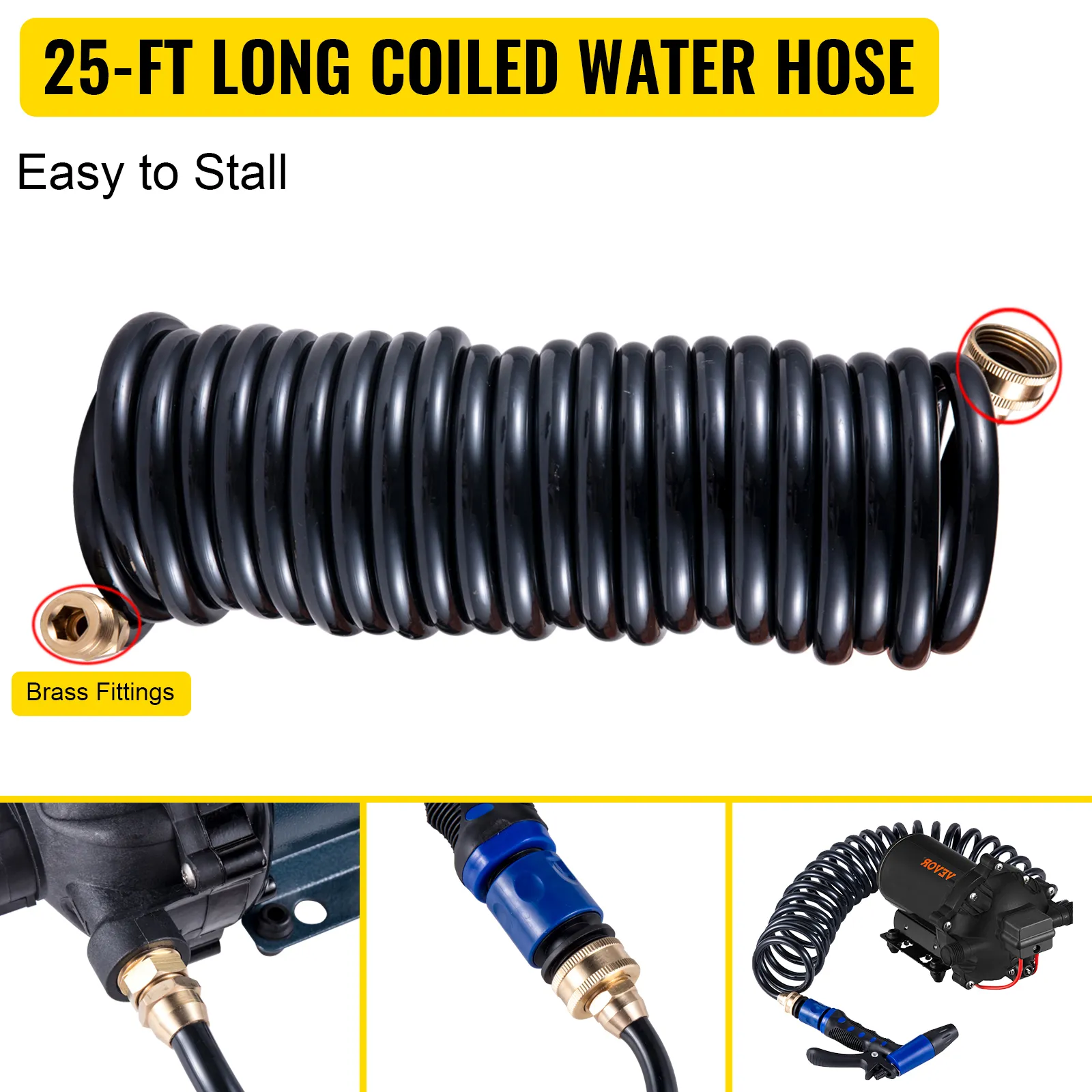 Manguera de agua en espiral de 25 pies con accesorios de latón para bomba de agua VEVOR rv. Fácil de instalar.