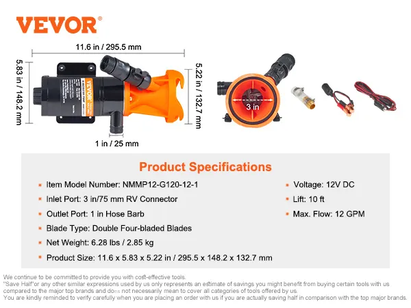Especificaciones de la bomba maceradora VEVOR rv con dimensiones, peso, voltaje y caudal mostrados.