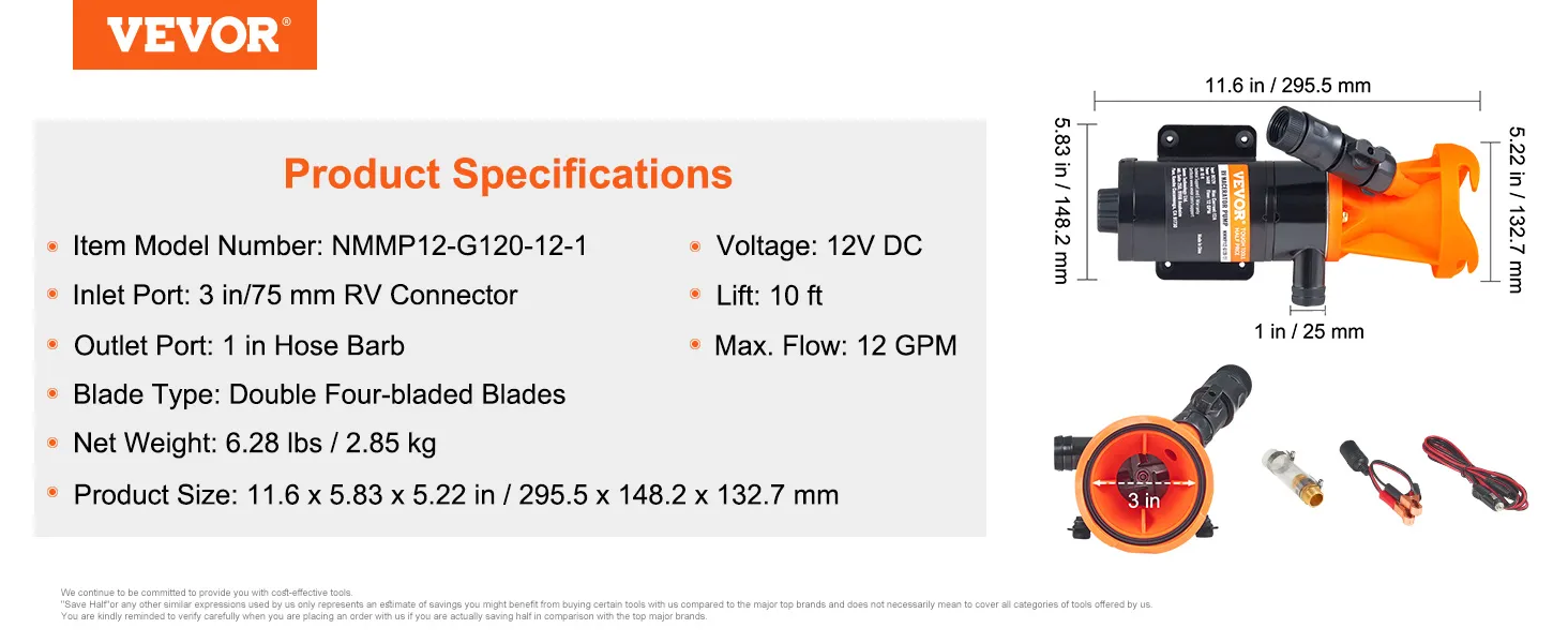 Especificaciones de la bomba maceradora VEVOR rv con dimensiones, peso, voltaje y caudal mostrados.