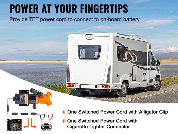 Bomba maceradora VEVOR rv con cable de alimentación de 7 pies para batería a bordo, que muestra autocaravana y conectores.