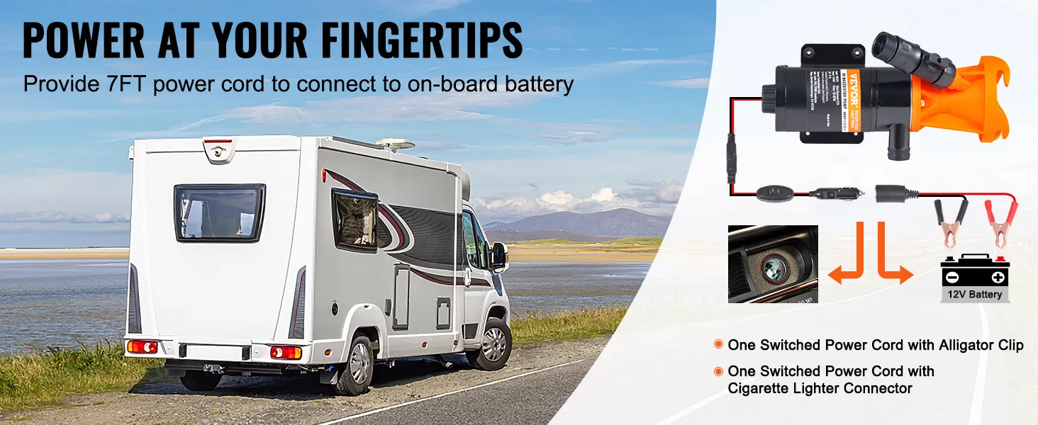 Bomba maceradora VEVOR rv con cable de alimentación de 7 pies para batería a bordo, que muestra autocaravana y conectores.