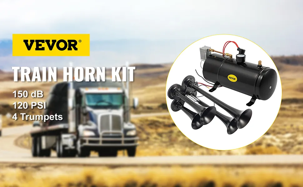 VEVOR train horn kit with 150 db, 120 psi, 4 trumpets, and a black air tank.