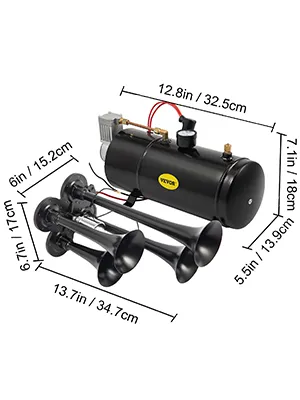 VEVOR train horn kit with dimensions, including tank and four black horns.