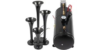VEVOR train horn kit with four black horns and air compressor tank.