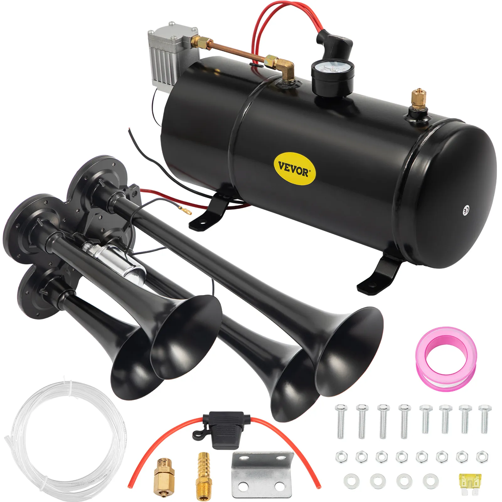 VEVOR train horn kit with black air compressor tank, triple trumpet horns, and accessories.