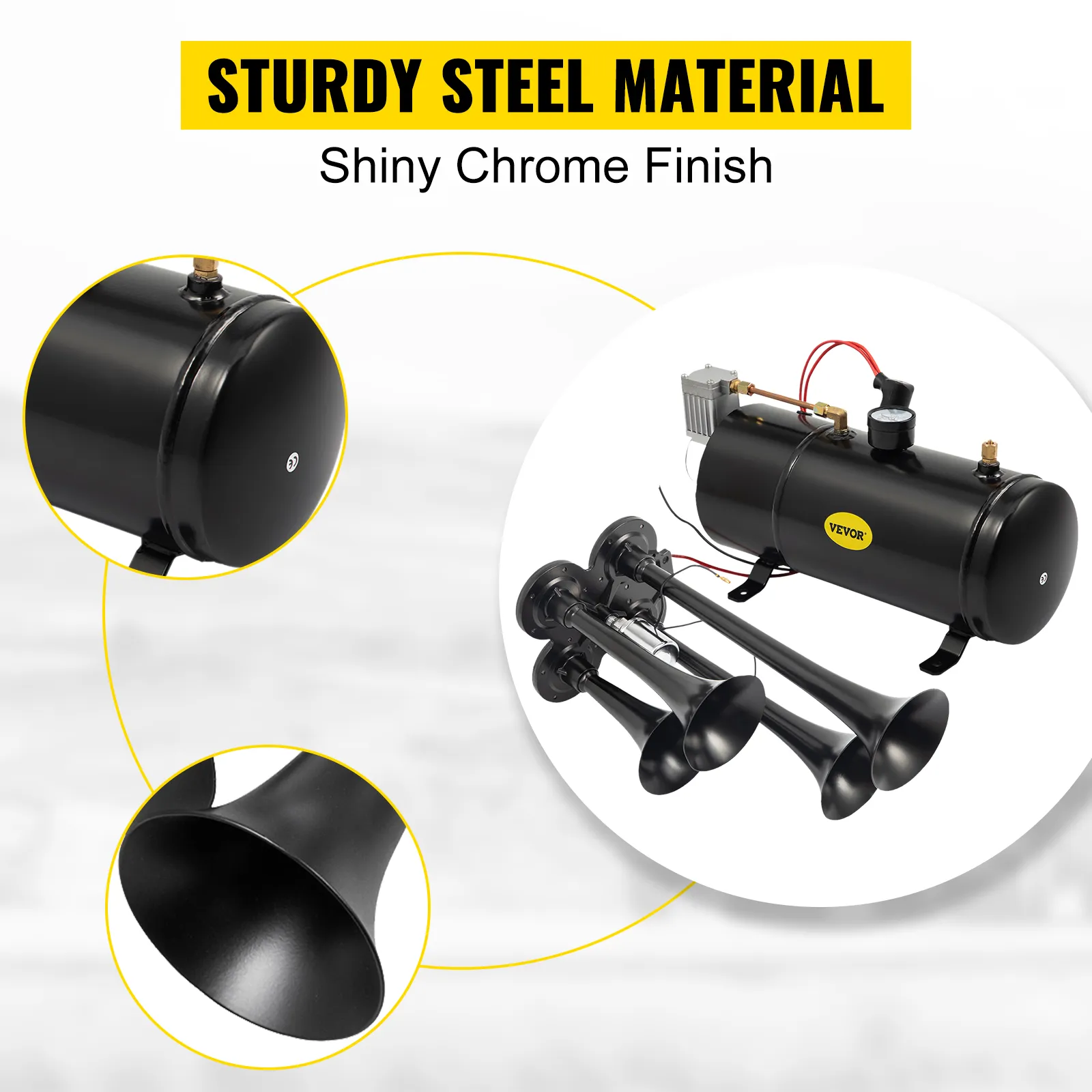 VEVOR train horn kit with sturdy steel material and shiny chrome finish.