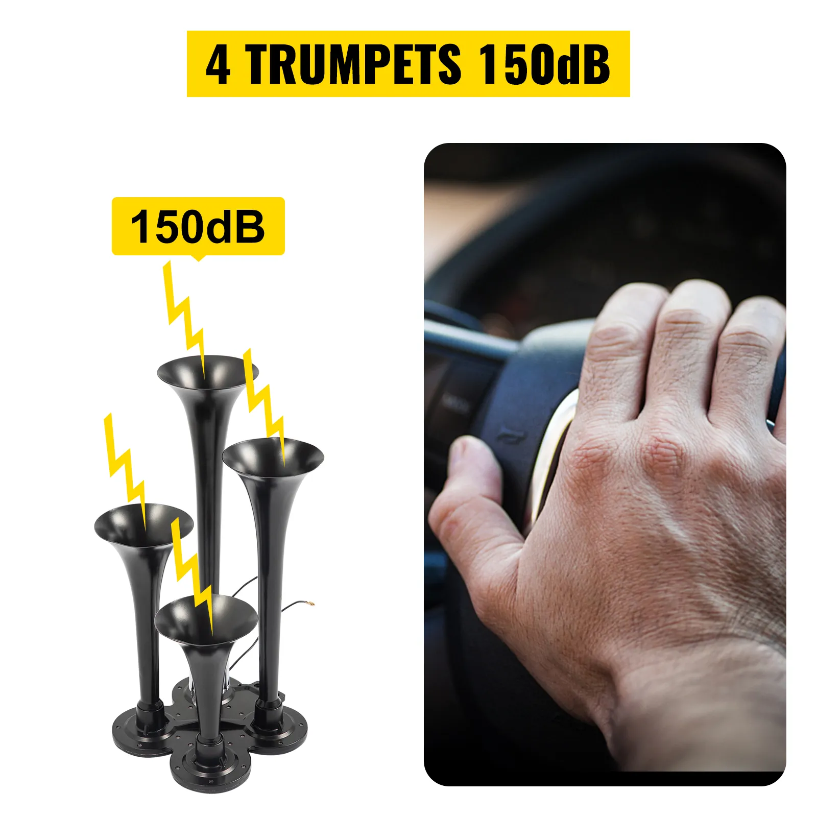 VEVOR train horn kit with 4 trumpets emitting 150db sound, close-up hand on steering wheel.