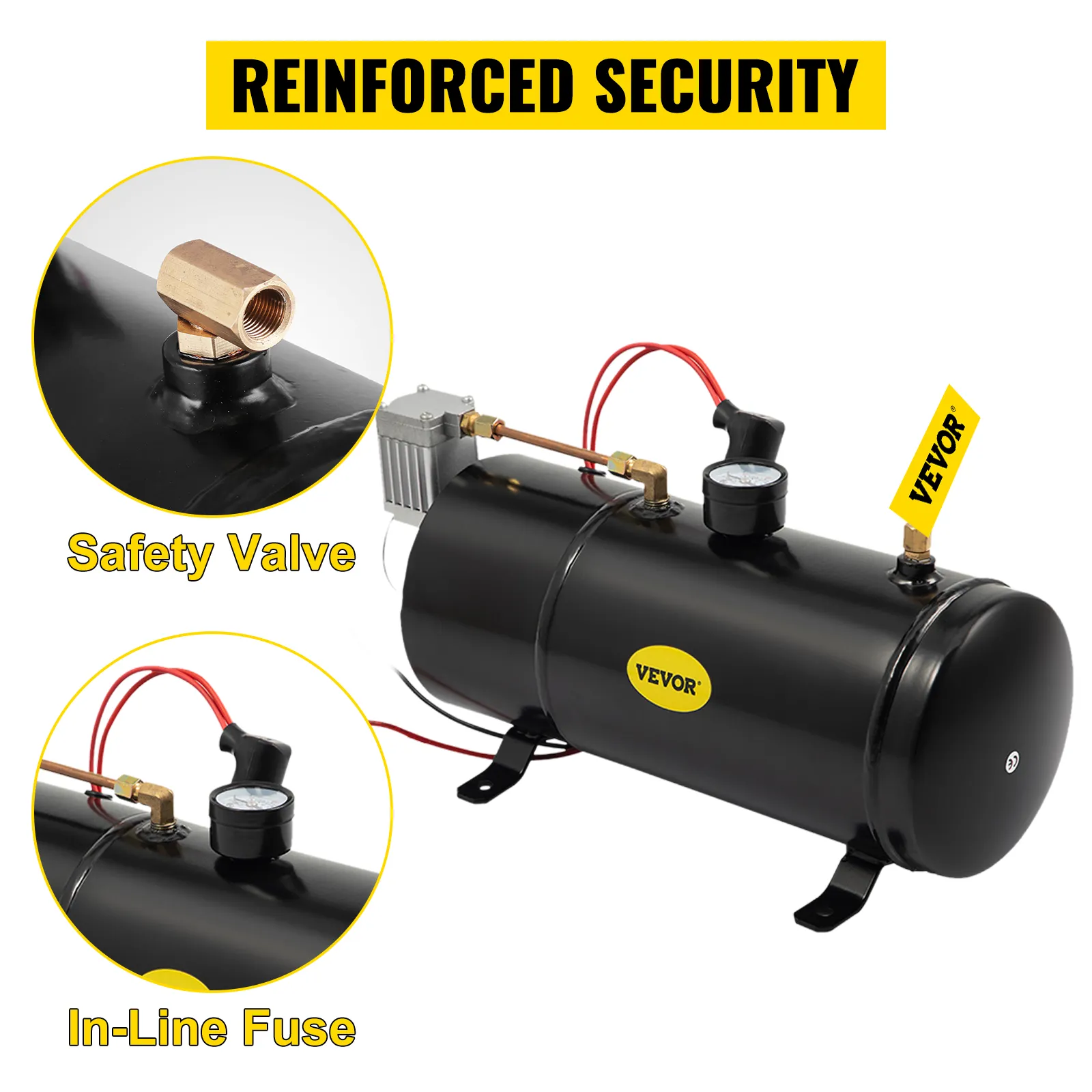 VEVOR train horn kit with safety valve, in-line fuse, and reinforced security.