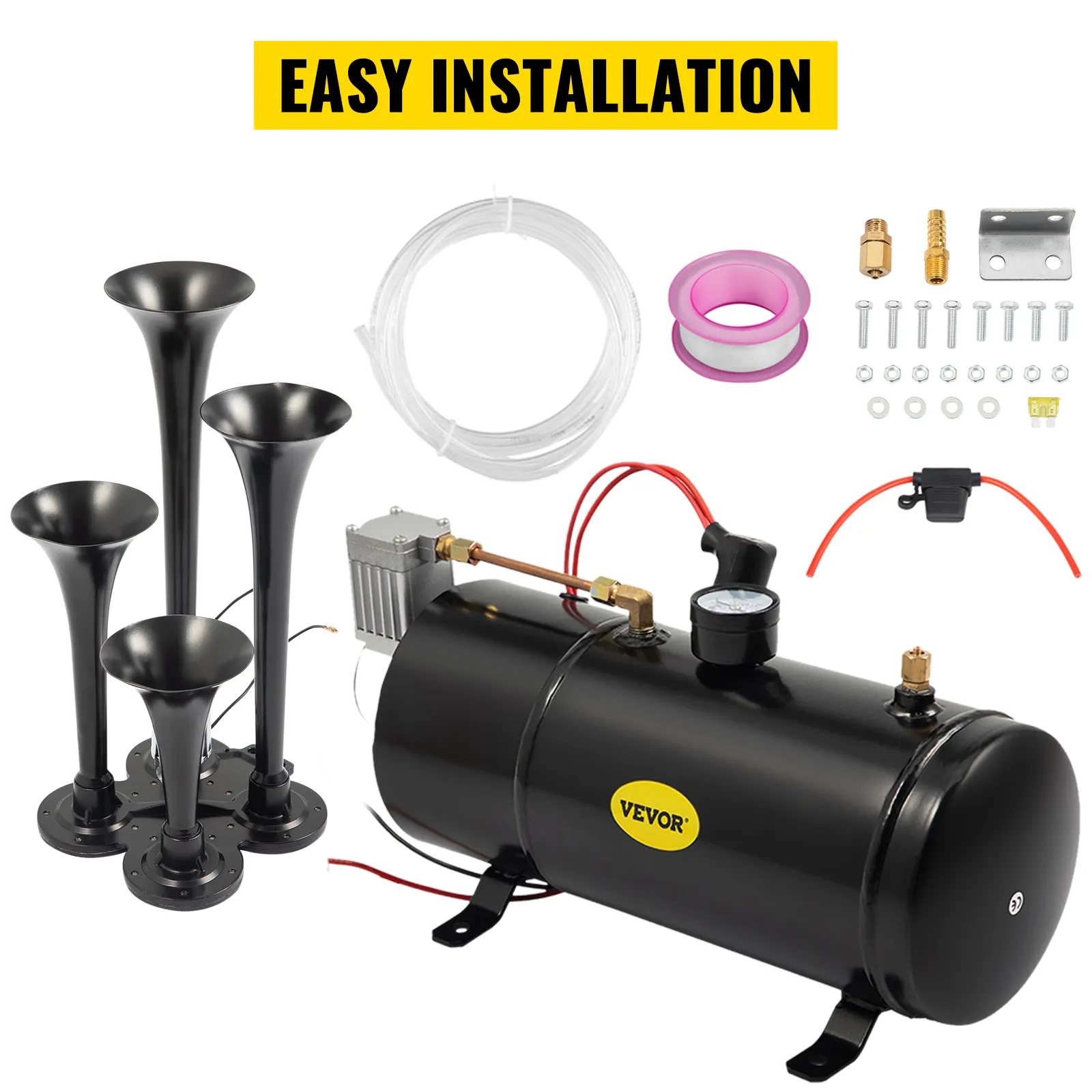VEVOR train horn kit with air compressor, tubing, and installation accessories.