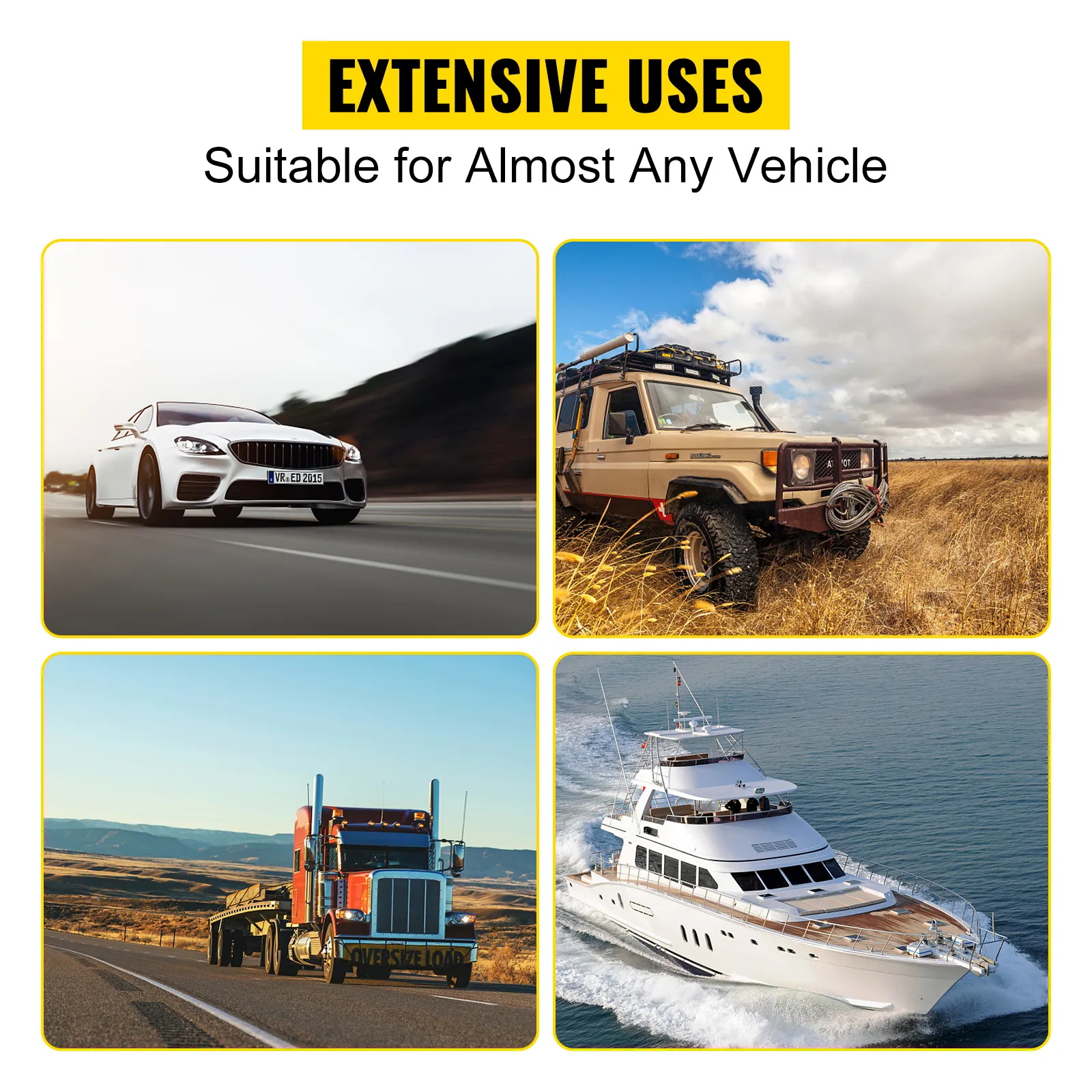 car, suv, truck, and yacht showcasing versatile VEVOR train horn kit compatibility.