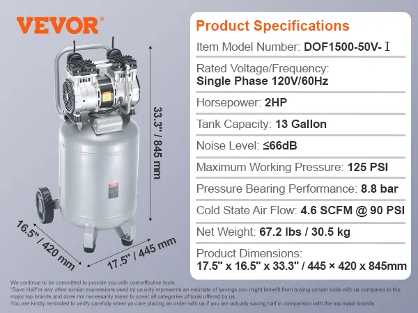 VEVOR air compressor with specifications and accessories list displayed on a light gray background.