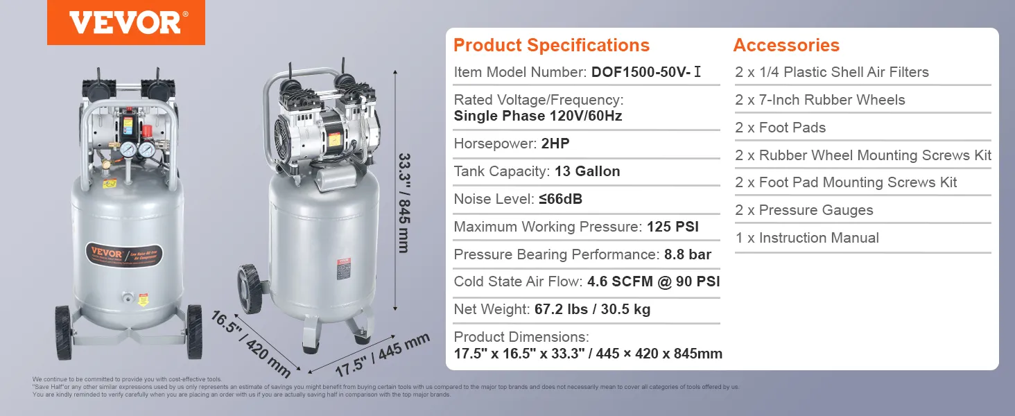 VEVOR air compressor with specifications and accessories list displayed on a light gray background.