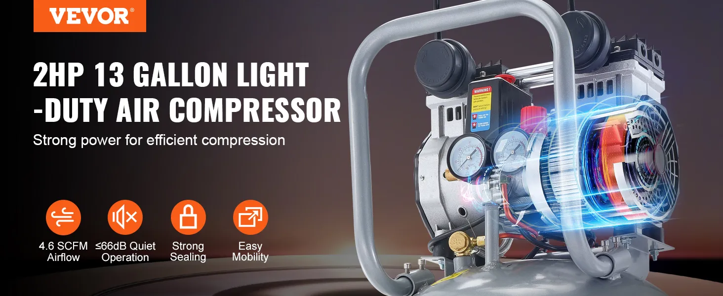 VEVOR air compressor, 2hp 13-gallon, quiet operation, strong power, easy mobility, 4.6 scfm airflow.