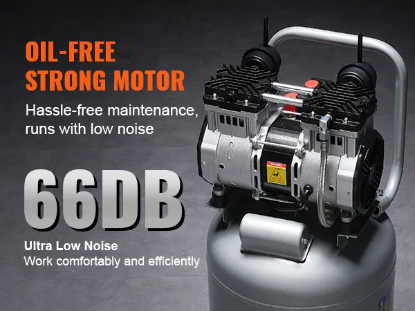 VEVOR air compressor with oil-free motor, ultra-low noise at 66db, easy maintenance, and efficient use.