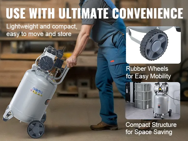 man using a compact, lightweight VEVOR air compressor with rubber wheels for easy mobility.