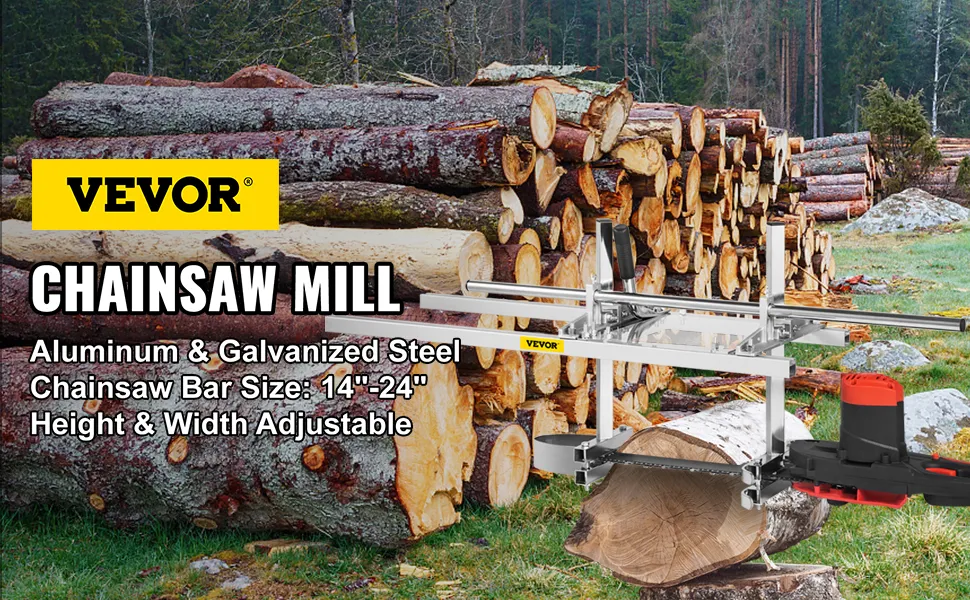 VEVOR chainsaw mill cutting logs in a forest with stacks of cut timber in the background.