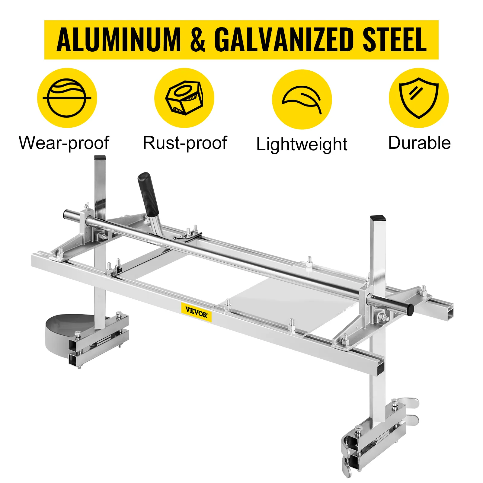 VEVOR chainsaw mill made from aluminum and galvanized steel, showcasing durability and rust-proof features.