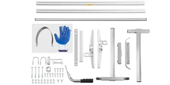 VEVOR chainsaw mill kit with various tools, bolts, blue glove, and assembly parts.