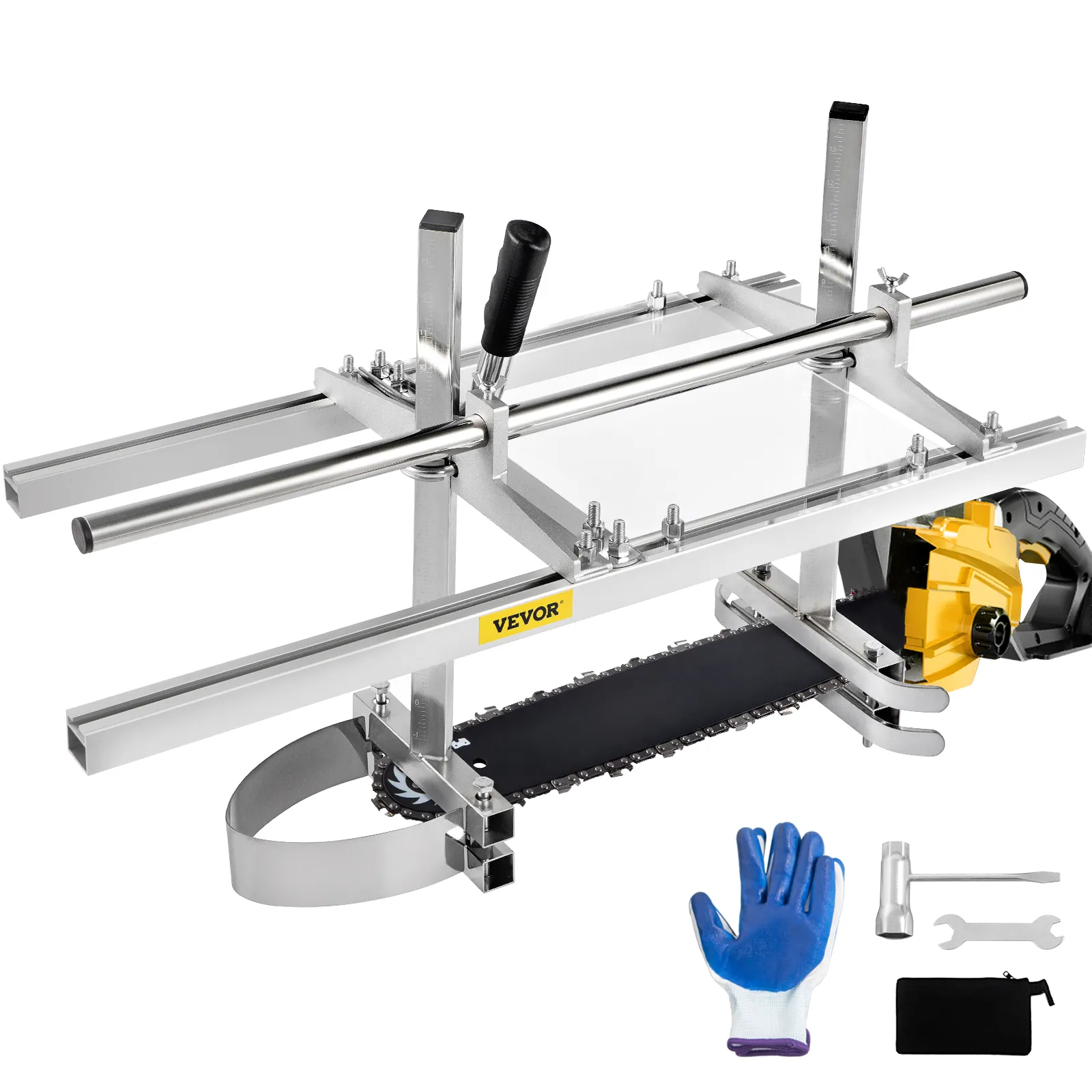 VEVOR chainsaw mill with accessories, including gloves, wrench, and toolkit.