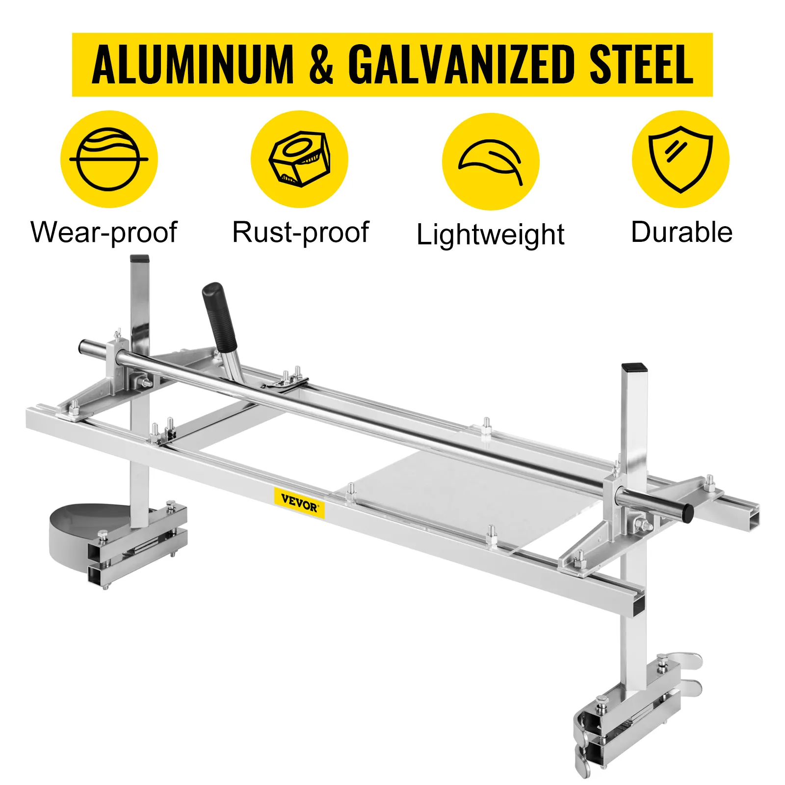 VEVOR chainsaw mill made from aluminum and galvanized steel, showcasing key durability features.