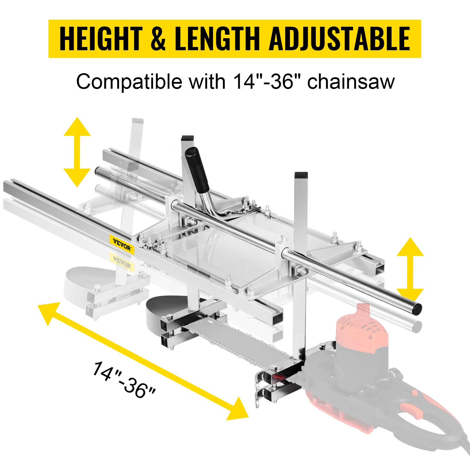 height & length adjustable VEVOR chainsaw mill, compatible with 14"-36" chainsaw.