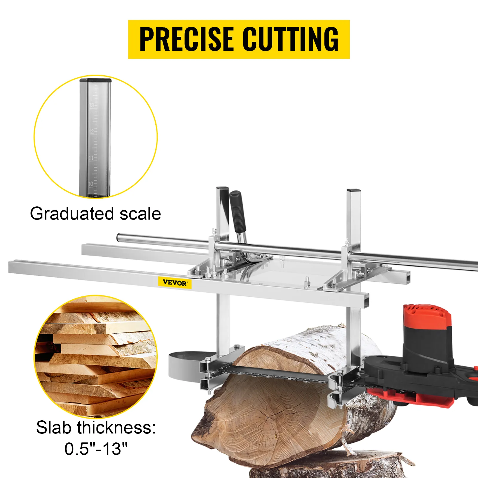 VEVOR chainsaw mill with a graduated scale for precise cutting and adjustable slab thickness.
