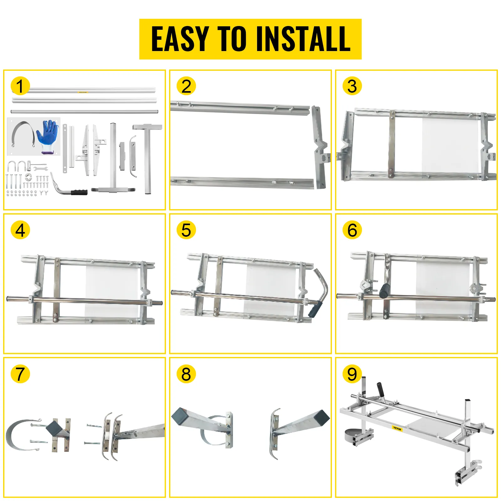 VEVOR chainsaw mill assembly steps with tools and parts, easy to install in 9 steps.