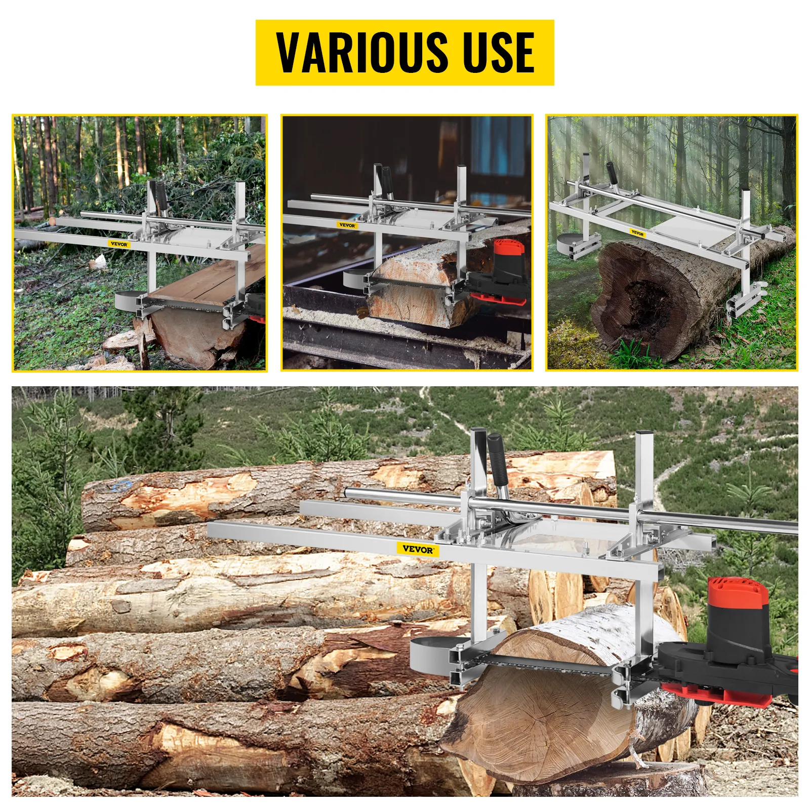 VEVOR chainsaw mill cutting logs in various outdoor environments.
