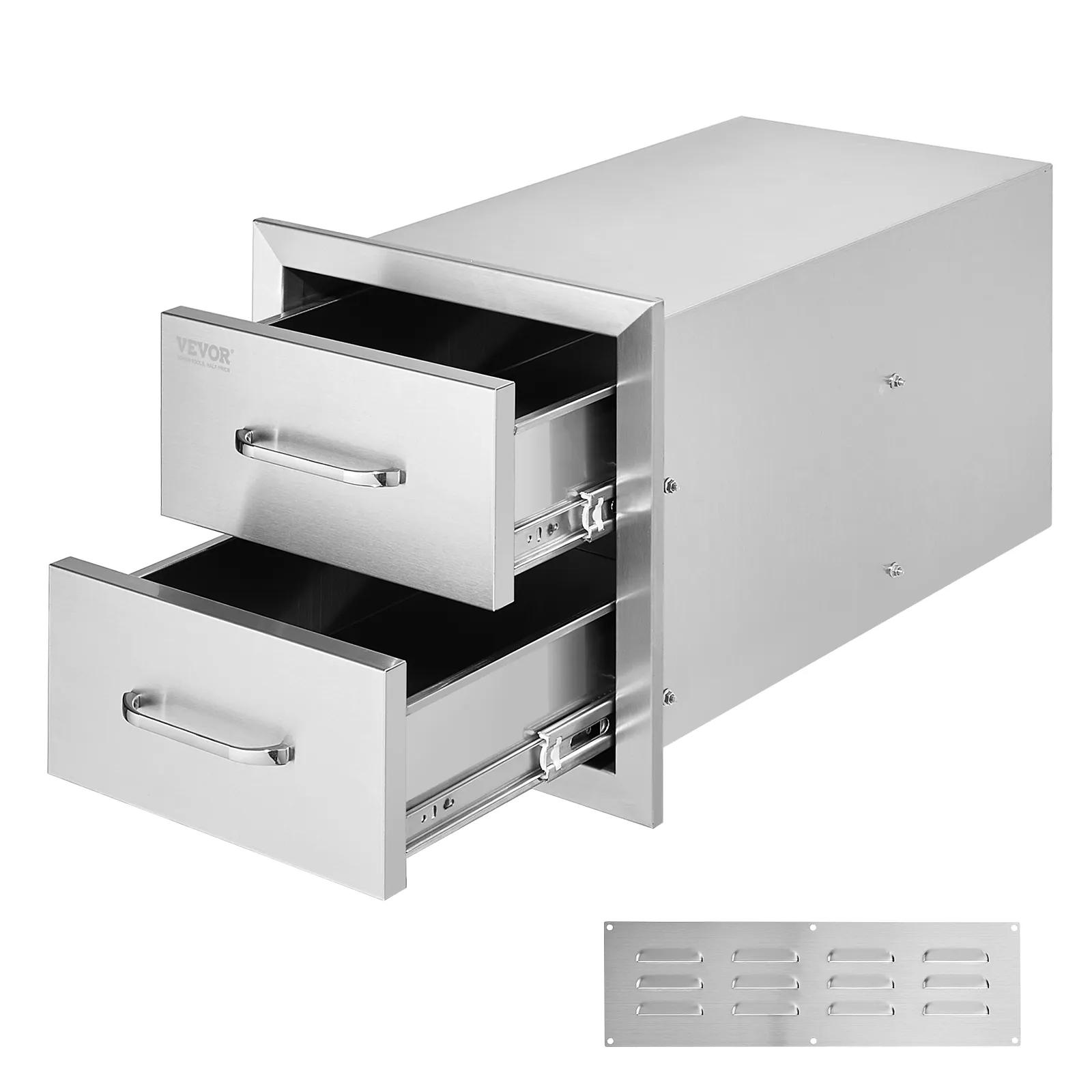 Cajones de cocina para exterior VEVOR con acabado en acero inoxidable y diseño de doble cajón.