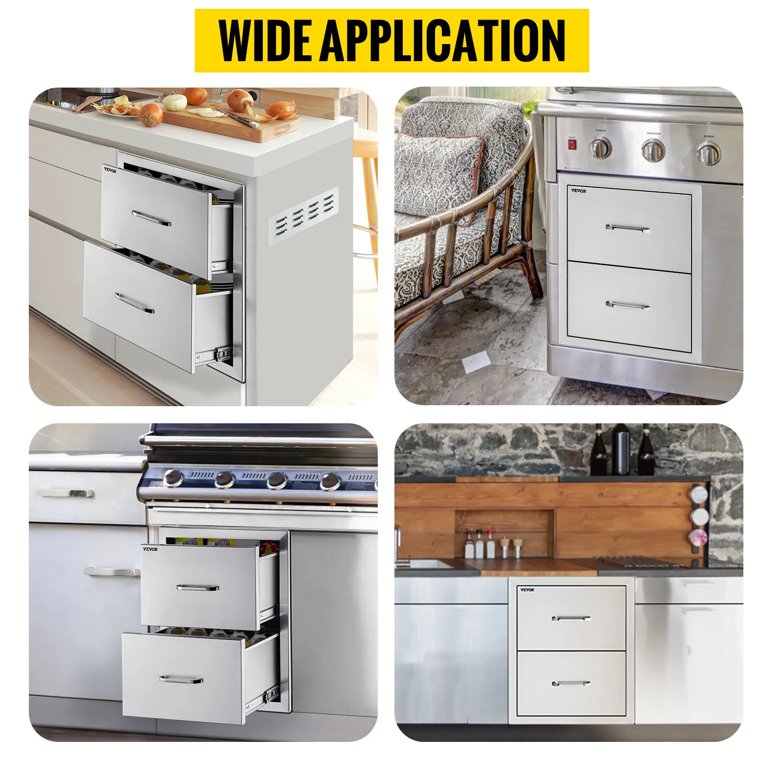 Cajones de cocina para exteriores VEVOR en cuatro configuraciones de cocina modernas diferentes.