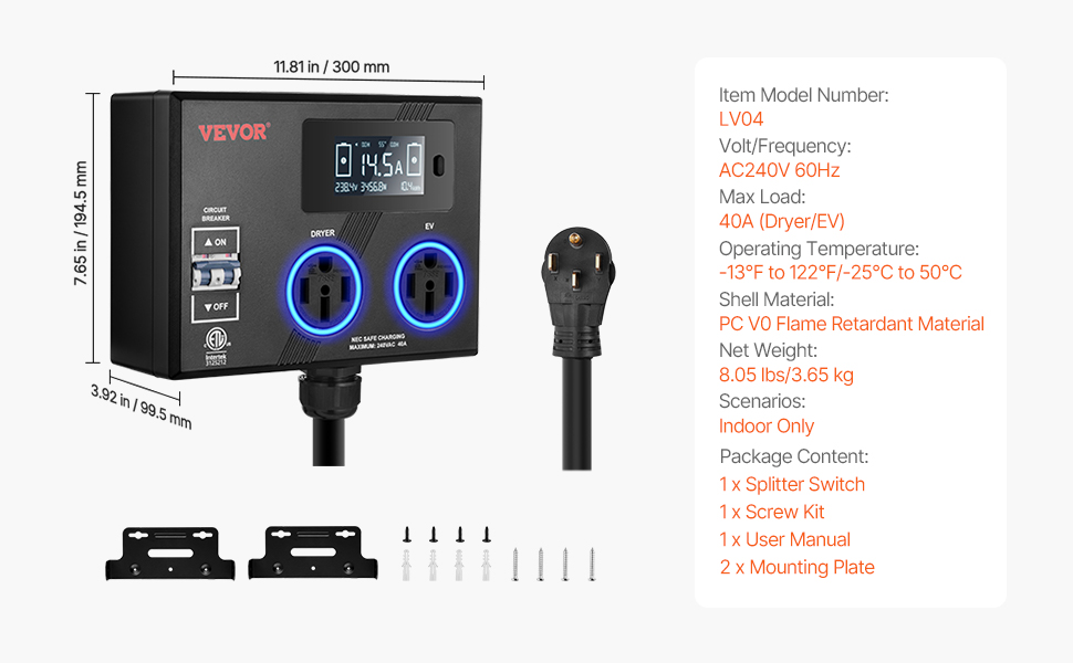 Exqutoo Trockner Splitter Mit Unterbrecher – NEMA14-50R, 24A 240V, Für Trockner & E-Auto, Intelligentes Lademanagement