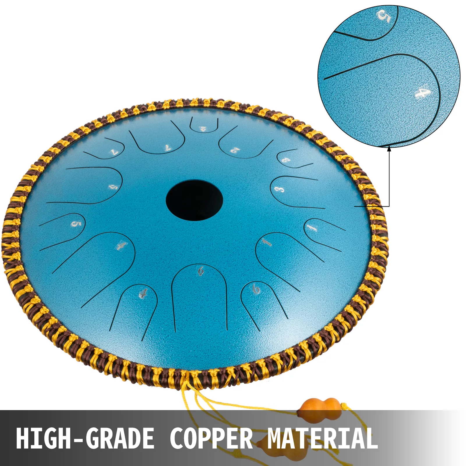 Tambor de lengüeta VEVOR en azul con material de cobre de alta calidad y ribete de cuerda de color marrón amarillento.