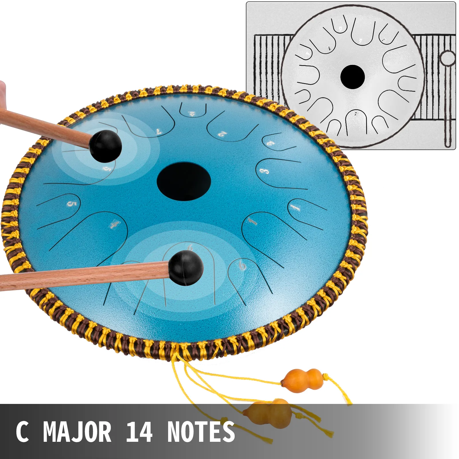 Tambor de lengüeta VEVOR azul, en do mayor, 14 notas, con mazos y decoración de cuerda.