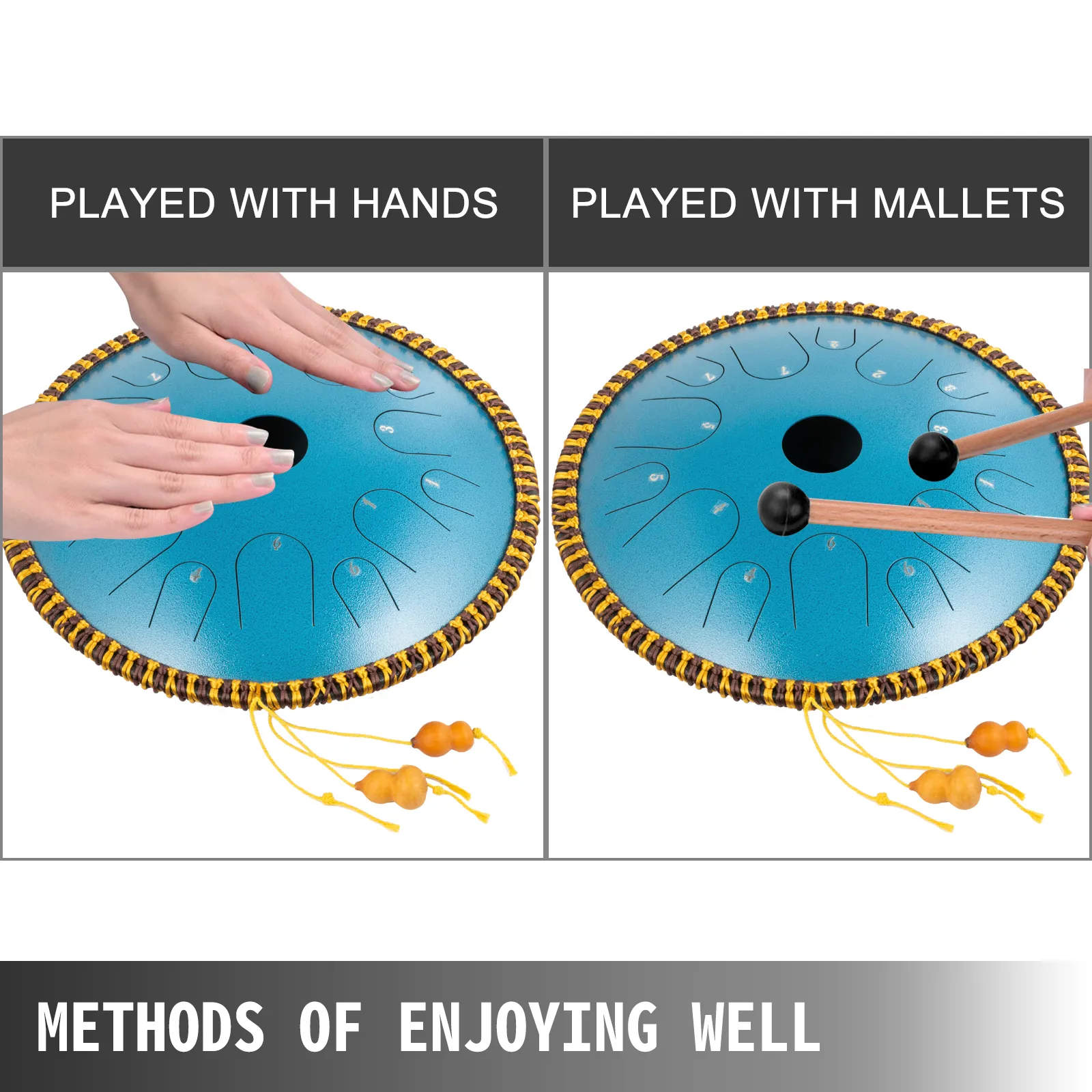 Tambor de lengua VEVOR tocado con manos y mazos que muestra diferentes métodos de ejecución.