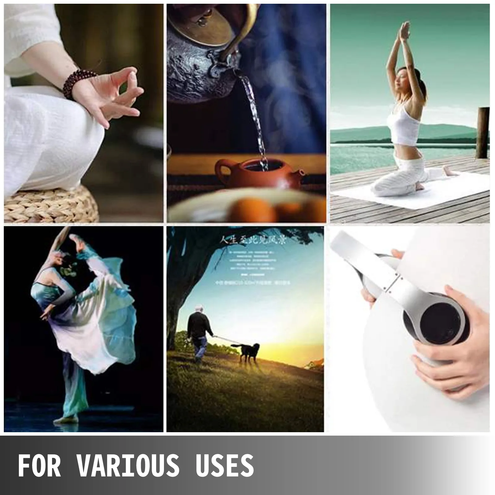 meditación, servir té, yoga, ballet, pasear al perro, auriculares; para diversos usos.