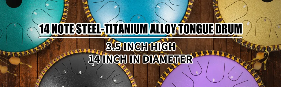 De VEVOR tongue drum heeft 14 toetsen en is gemaakt van een staal-titaniumlegering. De drum heeft een diameter van 14 inch.