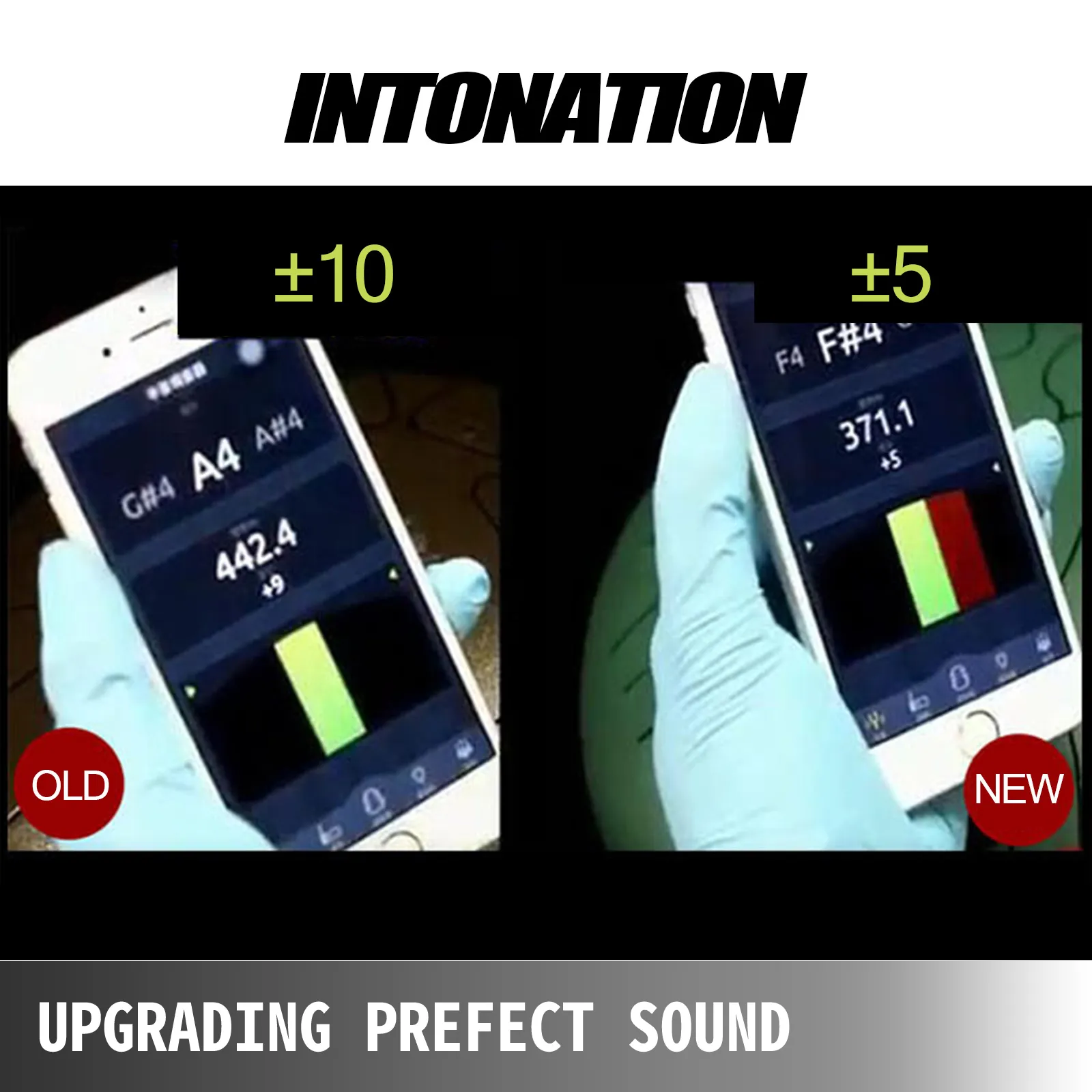twee smartphones met tuning-apps die de oude en nieuwe VEVOR-tongdrum-intonatie vergelijken.