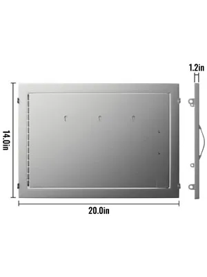 vista frontale e laterale dello sportello di accesso al barbecue VEVOR con dimensioni 14,0x20,0x1,2 pollici.