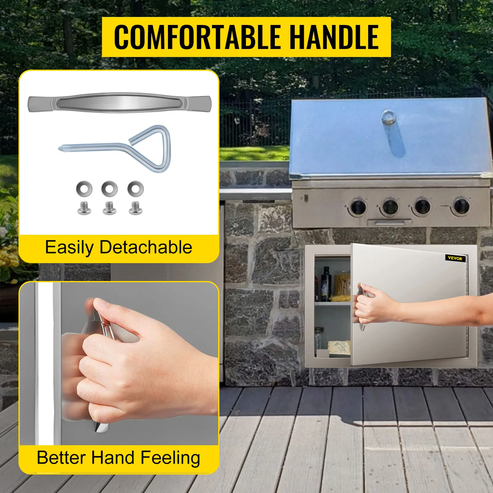 Sportello di accesso al barbecue VEVOR con comoda maniglia, facilmente rimovibile per una migliore presa.