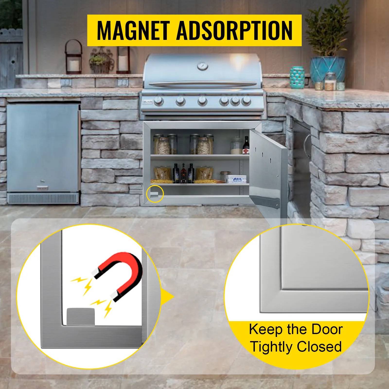 cucina esterna con porta di accesso al barbecue VEVOR dotata di magnete adsorbente e chiusura di sicurezza.
