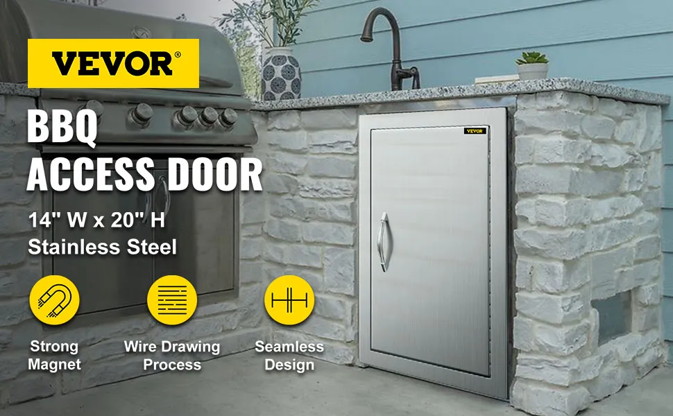 Puerta de acceso para barbacoa VEVOR, acero inoxidable, 14" de ancho x 20" de alto, diseño sin costuras, cocina al aire libre.