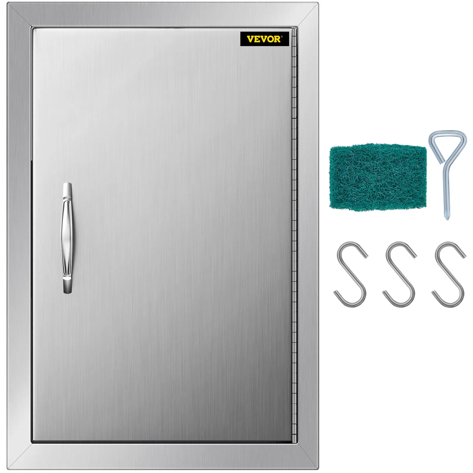 Puerta de acceso para barbacoa VEVOR con manija, cepillo de limpieza, ganchos y destornillador.