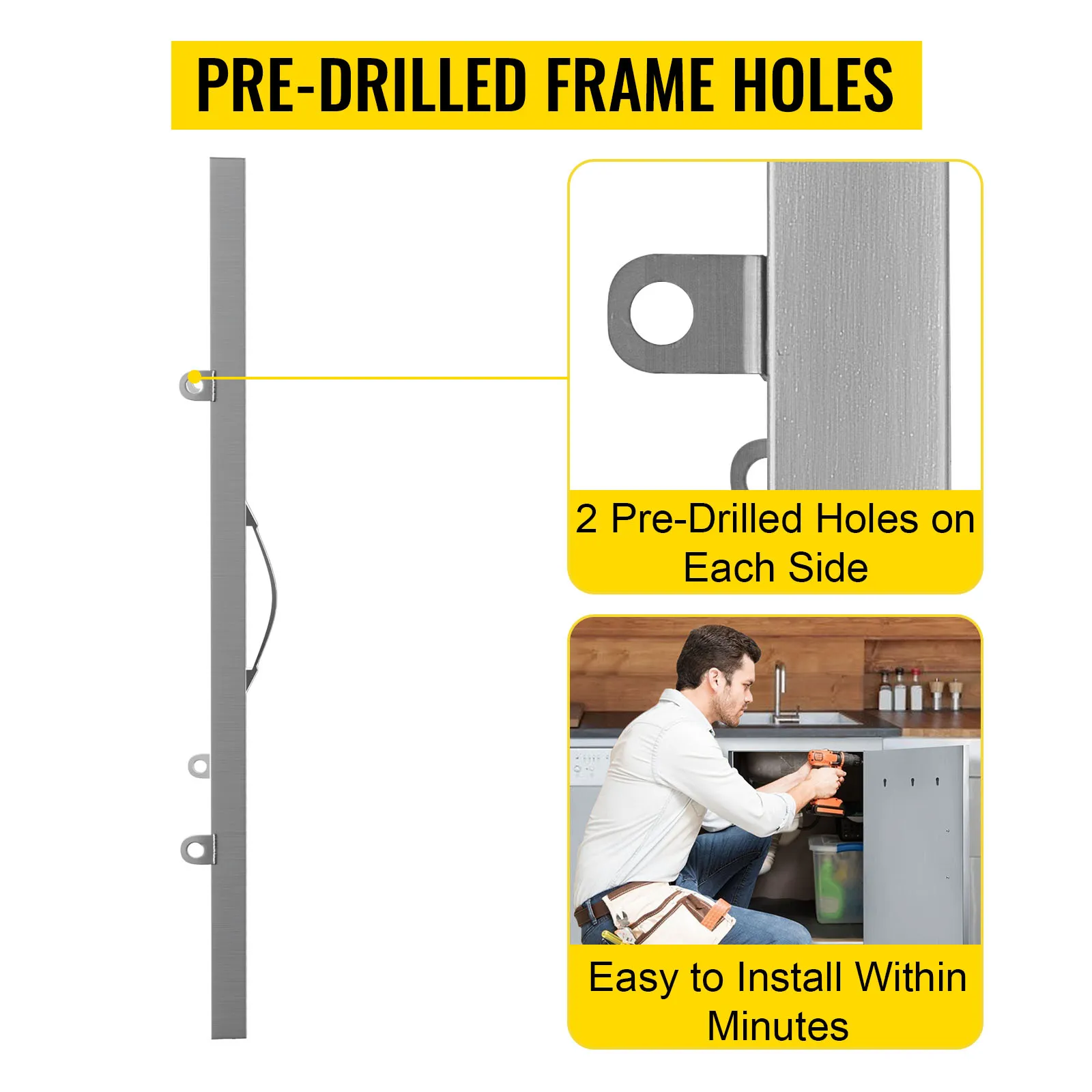 Puerta de acceso para barbacoa VEVOR con orificios de marco pretaladrados para una fácil instalación.