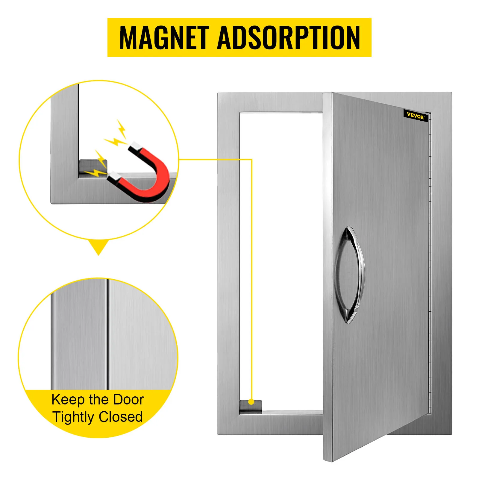 Puerta de acceso para barbacoa VEVOR de acero inoxidable con función de adsorción magnética.