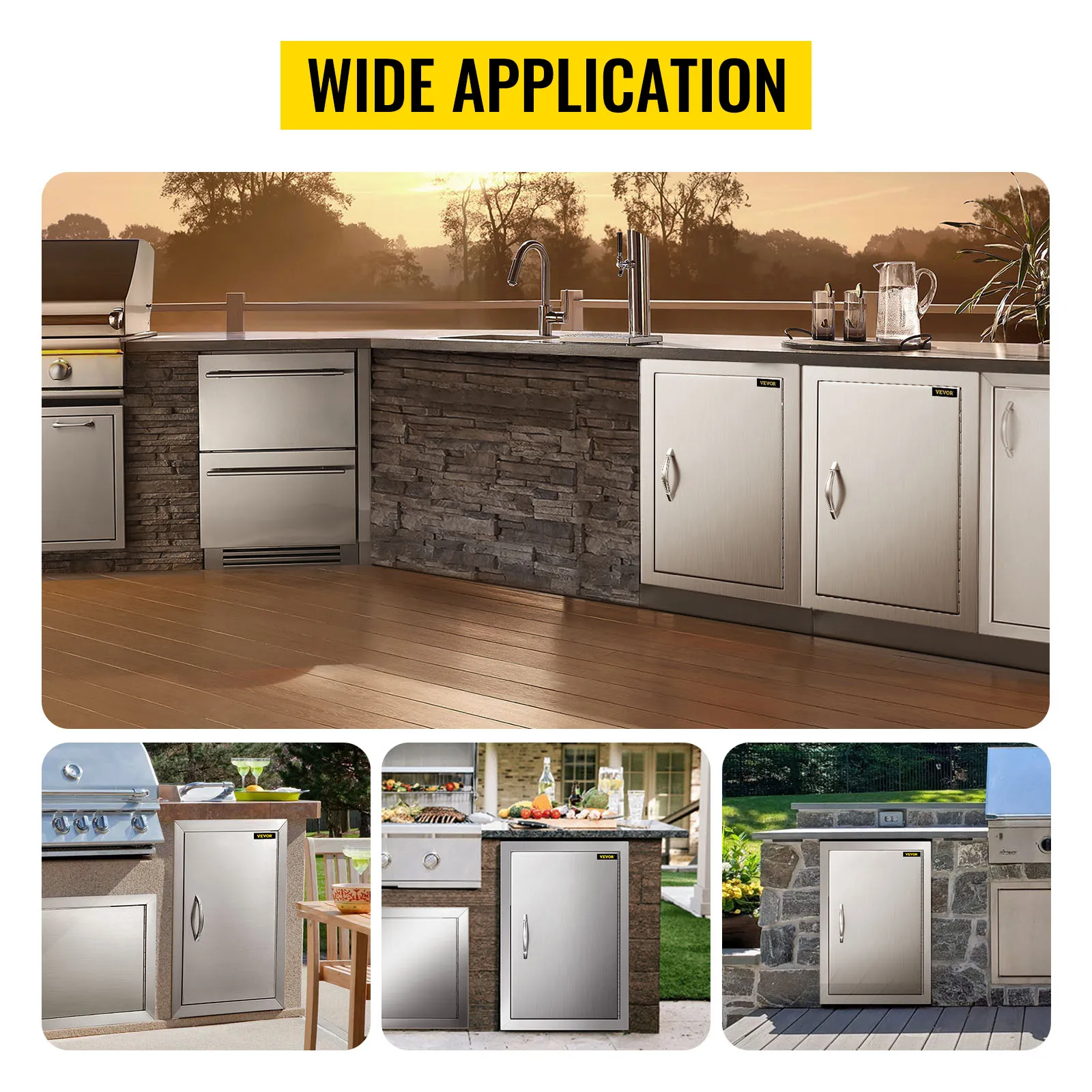 Puerta de acceso para barbacoa VEVOR instalada en varios entornos de cocina al aire libre. Amplia aplicación.